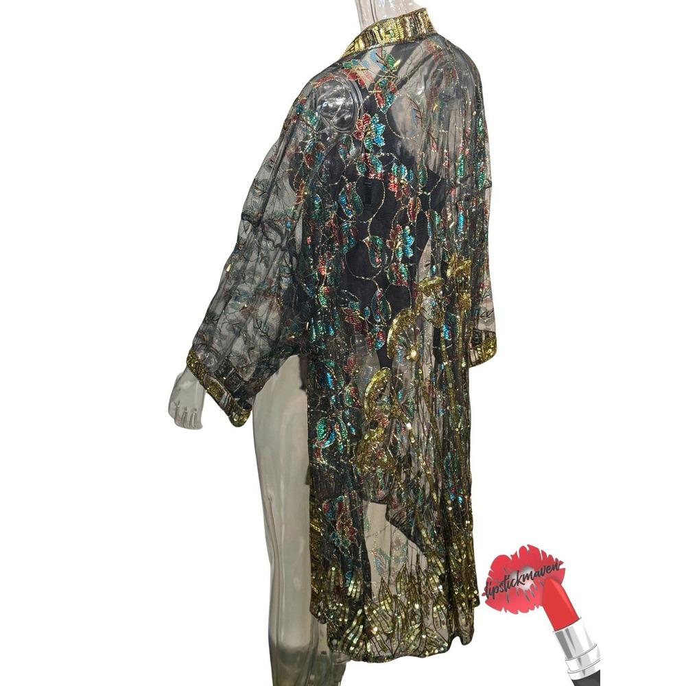 Vintage Ramana Duster Jacket One Size Black Floral Metallic Lame Kimono Cover Up - Picture 3 of 13